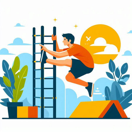 Young man climbing a ladder in the park. Flat vector illustration.のイラスト素材