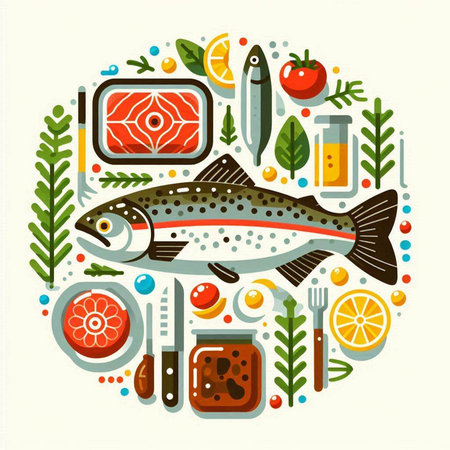 Healthy food concept with fish and vegetables. Vector illustration in flat styleのイラスト素材