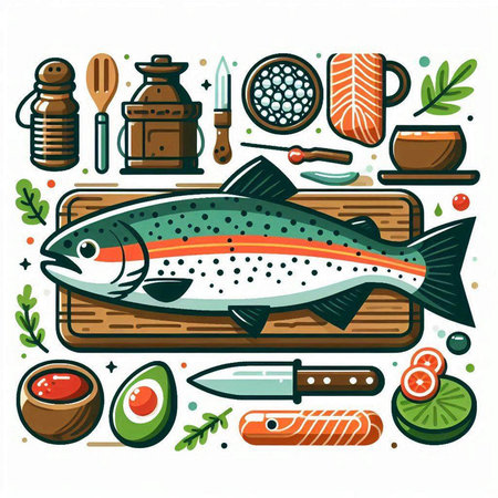 Colorful vector illustration of salmon on wooden cutting board with kitchen utensils.のイラスト素材