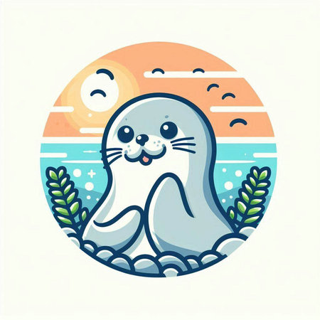 Cute seal on the background of the sea. Vector illustration.のイラスト素材