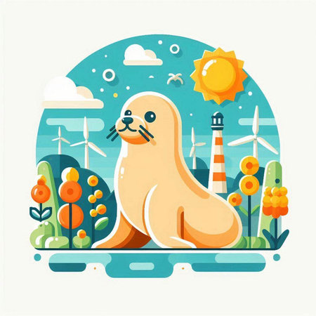 Sea lion on the background of the sea landscape. Vector illustration.のイラスト素材
