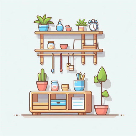 Illustration of a shelf with furniture and houseplants on a white backgroundのイラスト素材