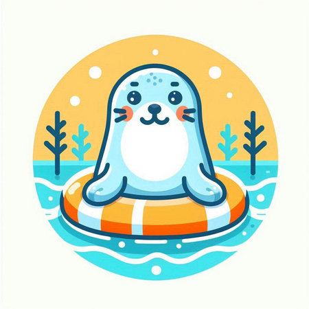 Cute seal on inflatable ring. Vector illustration in cartoon styleのイラスト素材