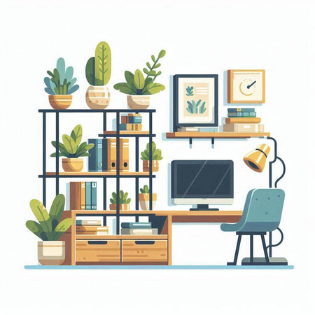 Home office. Workplace with computer, bookshelf and plants. Vector illustrationのイラスト素材