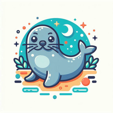 Cute seal in the starry sky. Vector flat illustration.のイラスト素材