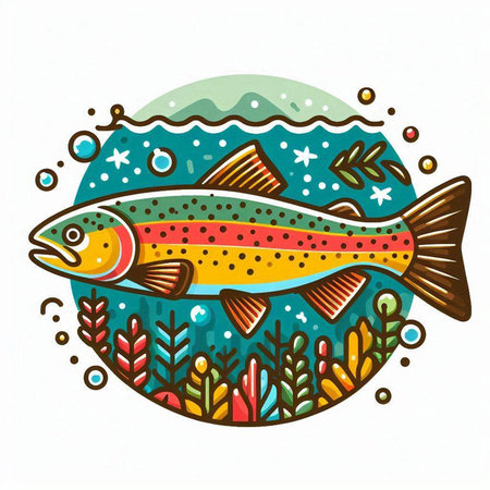Colorful hand drawn vector illustration of a rainbow trout in the ocean.のイラスト素材