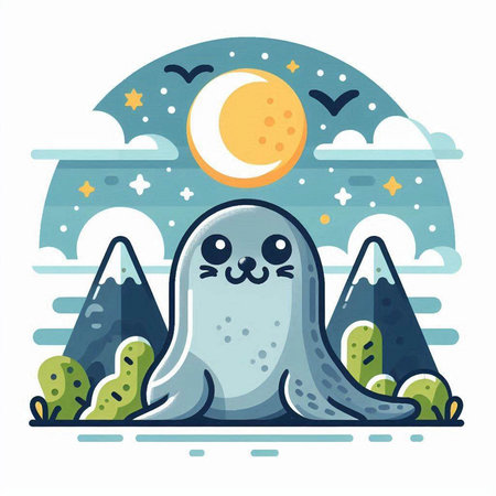 Vector illustration of a cute cartoon seal on the background of the moonのイラスト素材