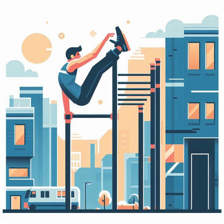 Vector illustration of a young man doing push-ups in the city.のイラスト素材