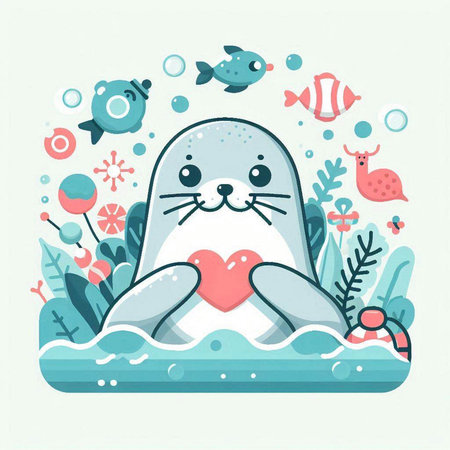 Cute seal with a heart in the sea. Vector illustration.のイラスト素材