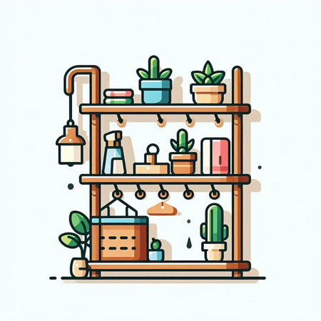 Shelves with houseplants. Vector illustration in flat styleのイラスト素材