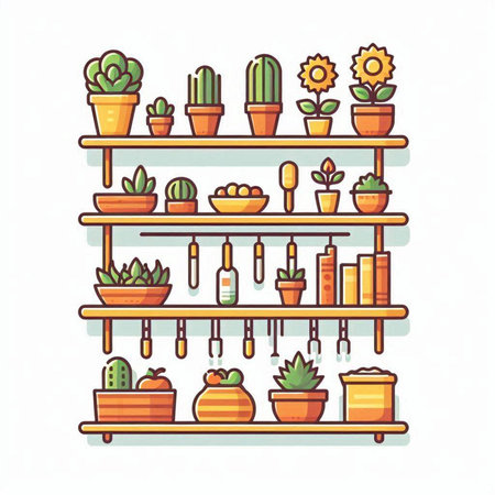 Shelves with cacti and succulents. Vector illustrationのイラスト素材