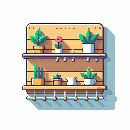 Flat design modern vector illustration of shelves with plants and flowers.のイラスト素材