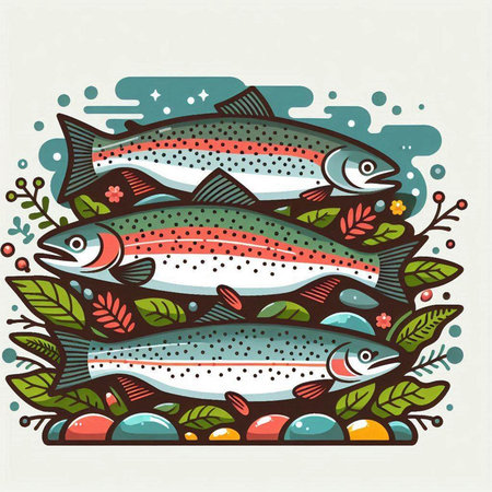 Cute hand drawn vector illustration with rainbow trout fish and floral elementsのイラスト素材