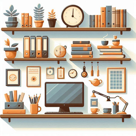 Illustration of bookshelf with home office supplies. Vector illustration.のイラスト素材