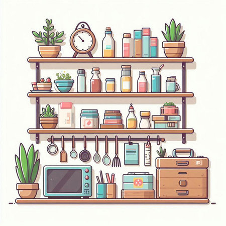 Shelves with different household items. Vector illustration in flat styleのイラスト素材