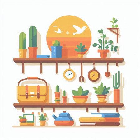 Vector illustration of a shelf with different houseplants in flat styleのイラスト素材