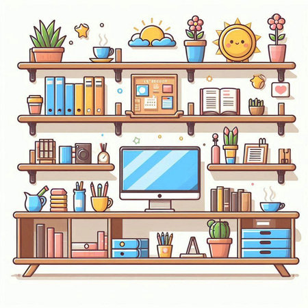 Vector illustration of a shelf with books, computer, coffee cup and other items.のイラスト素材