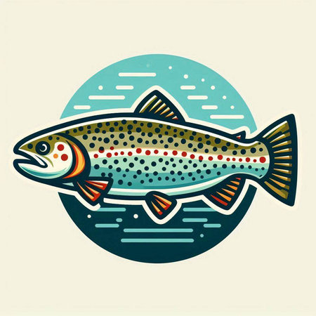 Vector illustration of a rainbow trout in a circle on a light backgroundのイラスト素材