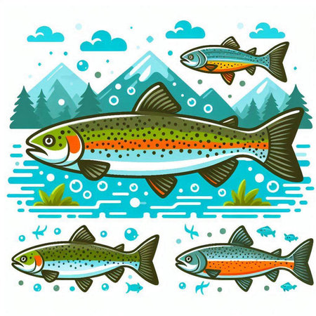Set of colorful salmon and trout fish in the water. Vector illustrationのイラスト素材