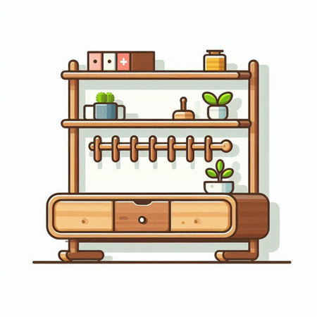 Wooden shelf with books and plants. Vector illustration in cartoon style.のイラスト素材