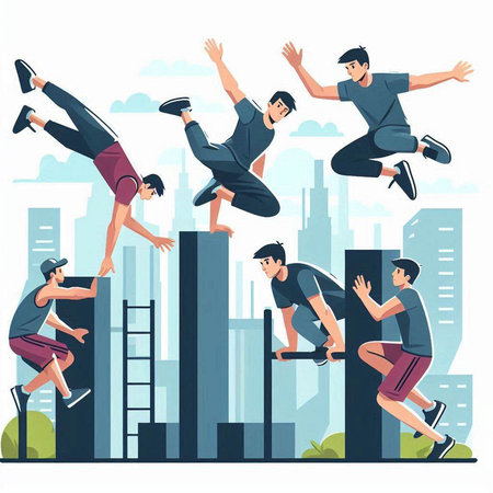 Vector illustration of a group of young people jumping over a bar graph.のイラスト素材