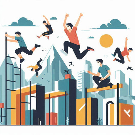 Business people jump over the gap in the city. Flat vector illustration.のイラスト素材