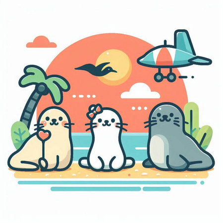 Cute cartoon seals on the beach. Vector illustration in flat style.のイラスト素材