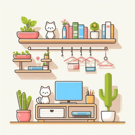 Vector illustration of a cozy living room interior with bookshelves, plants and a catのイラスト素材