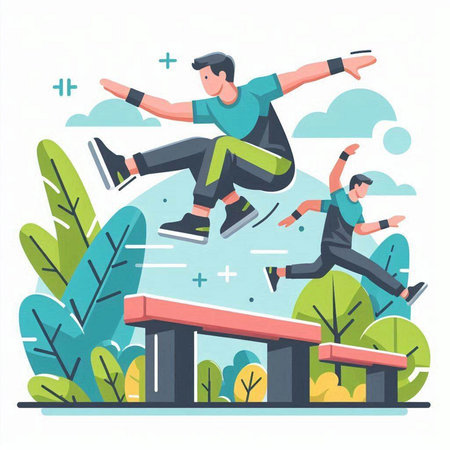 Man jumping over obstacle vector illustration. Cartoon man jumping over obstacle flat style design.のイラスト素材