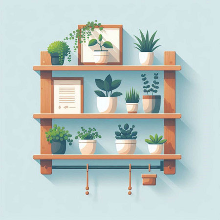 Flat design modern vector illustration of wooden shelf with different house plants.のイラスト素材