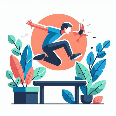 Vector illustration of a man jumping over a hurdle in a park.のイラスト素材