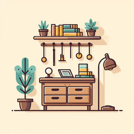 Vector illustration of home interior with furniture, bookshelf, lamp, plants and other items.のイラスト素材