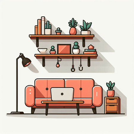 Living room interior with furniture and equipment. Vector illustration in flat styleのイラスト素材