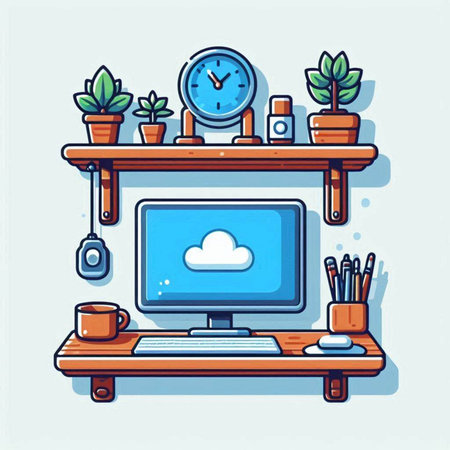 Home office workspace. Workplace with computer, coffee cup, plant, clock and other items. Vector illustrationのイラスト素材