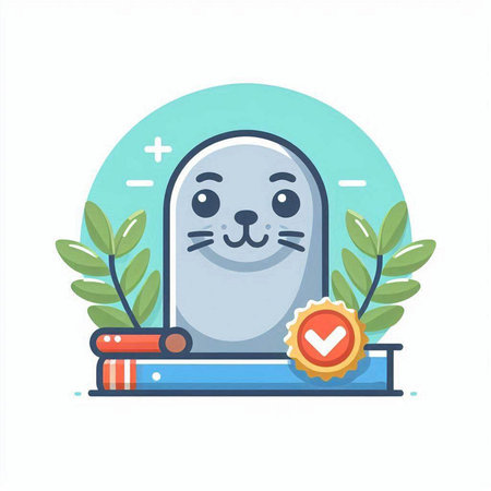 Cute cartoon seal and books. Vector illustration in flat style.のイラスト素材