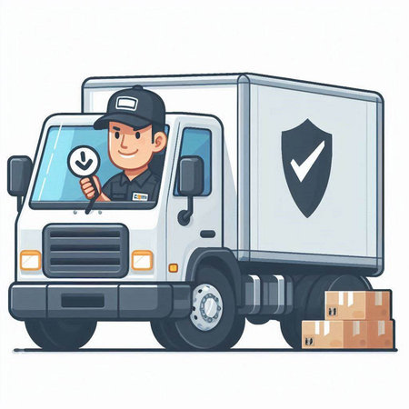 Delivery man in uniform with a cardboard box on the truck. Vector illustration.のイラスト素材