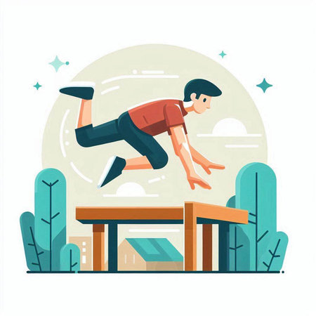 Athletic man jumping over obstacle. Flat vector illustration.のイラスト素材
