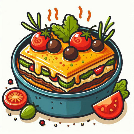 Illustration of a piece of lasagna in a frying pan with tomatoes and olivesのイラスト素材
