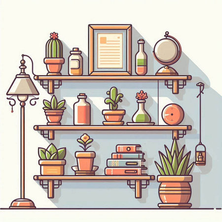 Vector illustration of bookshelves with succulents, books and other home objects.のイラスト素材