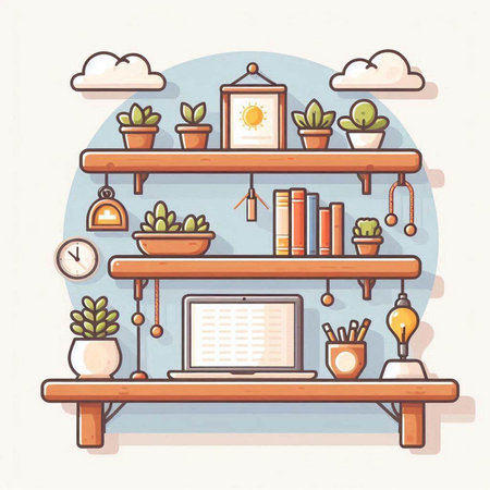 Vector illustration of a shelf with books, laptop, cactus, lamp.のイラスト素材