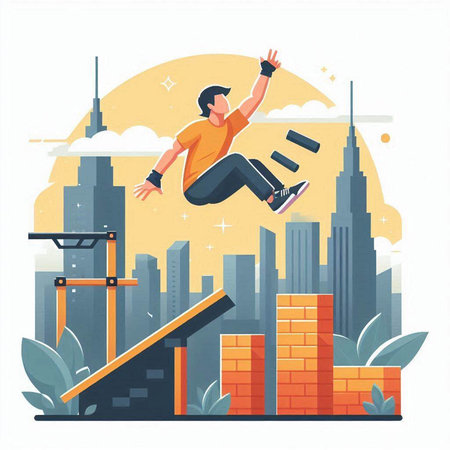 Vector illustration of a man jumping in the city. Flat style.のイラスト素材