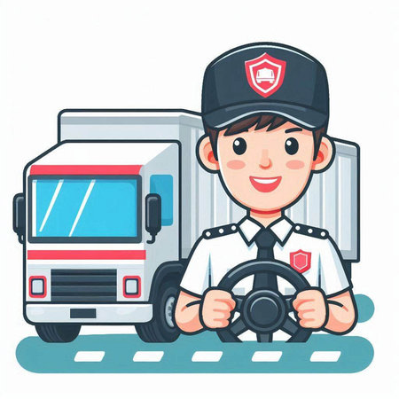 Courier with truck and steering wheel on white background. Vector illustration.のイラスト素材