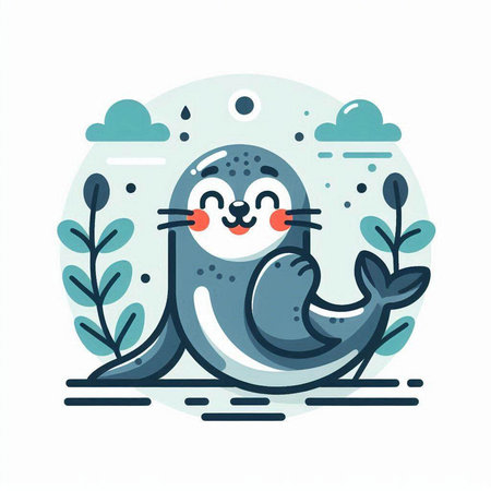 Cute seal. Vector illustration in flat linear style on white background.のイラスト素材