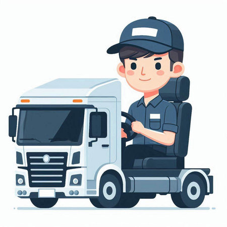 Delivery man in uniform with truck. Vector illustration in cartoon style.のイラスト素材