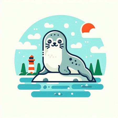 Cute seal on the beach. Vector illustration in flat style.のイラスト素材