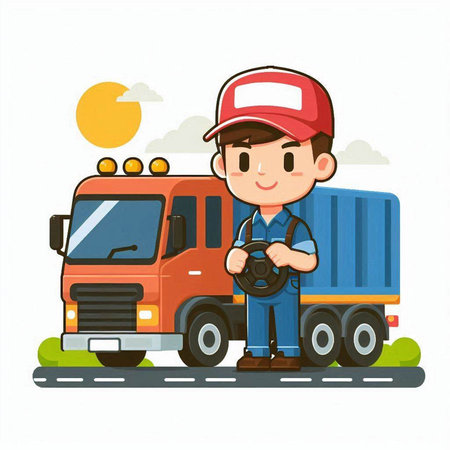 Courier in uniform with truck on the road. Vector illustration.のイラスト素材