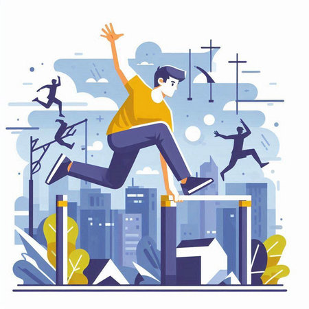 Handsome man jumping over obstacles in city. Flat vector illustration.のイラスト素材