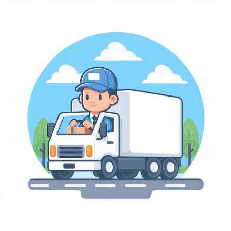 delivery man in uniform and cap driving a truck. vector illustrationのイラスト素材