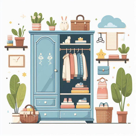 Closet with clothes and accessories. Vector illustration in flat styleのイラスト素材