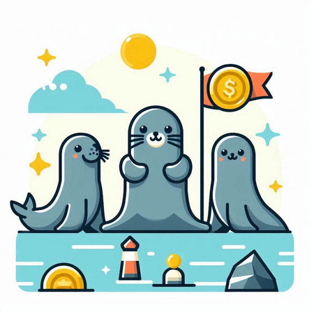 Cute cartoon seals on the beach. Vector illustration in flat styleのイラスト素材